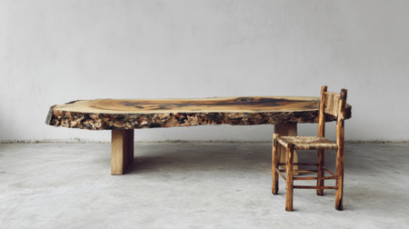 A stunning wooden table featuring a natural edge sits beside a simple chair, embodying rustic elegance in a minimalist space perfect for modern home decor inspirations.の素材