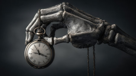 A hauntingly beautiful image of an antique pocket watch held by a skeleton hand, evoking themes of time, mortality, and the intricate dance between life and death.の素材