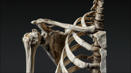 Detailed visualization of human shoulder anatomy focusing on skeletal structures including clavicle, scapula, and humerus for educational and medical reference.の素材