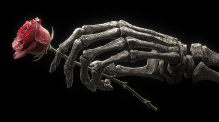 A captivating image of a skeleton hand gently holding a red rose, representing the blend of beauty and mortality, evoking deep thoughts about love and existence.の素材