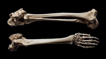 Detailed anatomical display showcasing human bones, comparing the upper arm bone and hand skeleton against a black background, ideal for educational and scientific purposes.の素材
