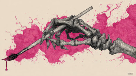 A striking image of a skeletal hand gripping a paintbrush, dripping red paint. The vibrant background splashes convey a fusion of artistry and the macabre, evoking thought.の素材