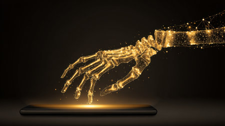 A mesmerizing image featuring a gold skeleton hand poised above a smartphone, symbolizing the intersection of tech and creativity in a dark and immersive setting.の素材