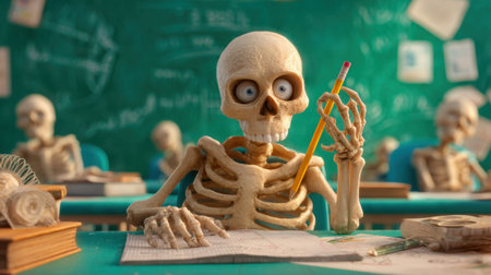 A whimsical and humorous depiction of skeleton students in a classroom, engaging in study activities surrounded by educational materials and a chalkboard full of notes.の素材