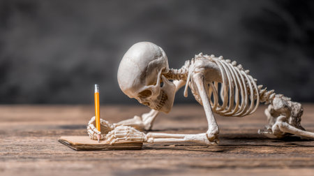 A skeleton is engaged in writing with a pencil in a notebook, creating a striking scene that combines elements of humor and introspection about life and death.の素材