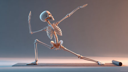 An artistic and whimsical depiction of a skeleton practicing yoga in a warrior pose, highlighting themes of flexibility, wellness, and creativity in a calming atmosphere.の素材