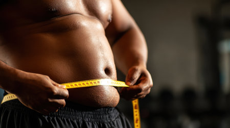 An individual focuses on measuring their waist with a tape measure in a fitness setting, emphasizing body awareness and personal health goals.の素材