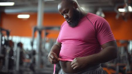 A man in a gym setting checks his body measurements using a measuring tape, reflecting his dedication to health and fitness with a focus on progress and personal goals.の素材