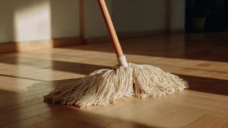 A mop rests on a polished wooden floor, illuminated by soft natural light, conveying a serene atmosphere ideal for cleaning and home decor themes. Perfect for promoting freshness and cleanliness.の素材