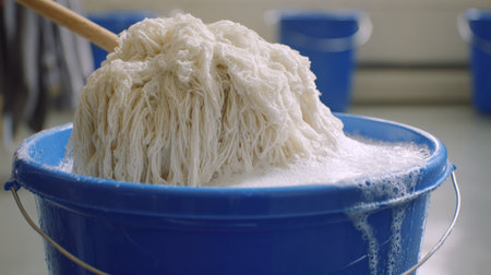 A detailed view of a mop head submerged in a bubble-filled blue bucket, emphasizing cleanliness and efficient household cleaning practices in a bright environment.の素材