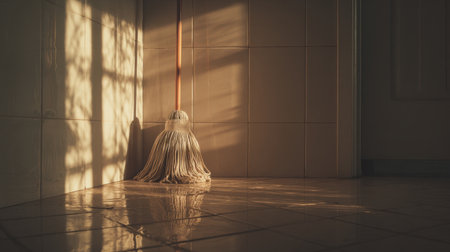 A serene indoor scene featuring a mop resting against a wall, illuminated by gentle sunlight casting beautiful shadows, creating a calming atmosphere in a clean space.の素材