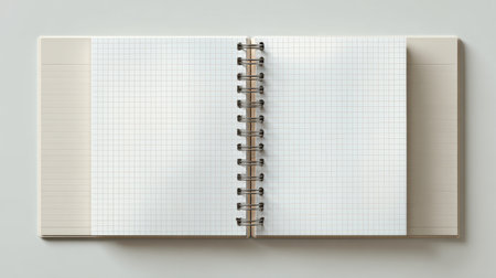 Open blank notebook with grid pages on a simple surface, perfect for writing, sketching, or organizing thoughts in an inspiring workspace. Ideal for creative endeavors.の素材