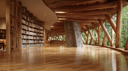 Discover a stunning interior of a modern library featuring wooden beams and expansive bookshelves, harmonizing with nature's beauty through generous use of light.の素材
