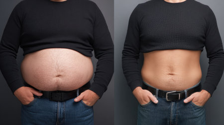 This image showcases the transformation of a man's midsection, illustrating the dramatic before and after results of a weight loss journey, emphasizing health and dedication.の素材
