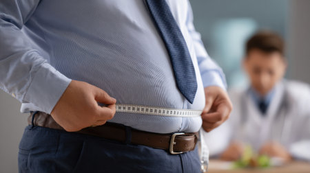An overweight individual measures their waist size with a tape measure, illustrating health concerns in a medical consultation where a doctor provides guidance on lifestyle changes.の素材