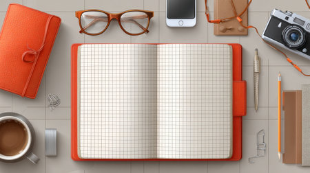 A warm and inviting workspace with an open notebook, coffee cup, glasses, and various office supplies, perfect for creativity and productivity, ideal for personal and professional use.の素材
