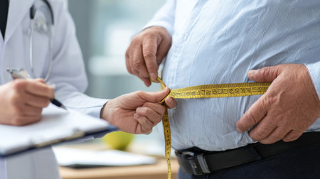 A healthcare professional measures the abdominal circumference of an overweight patient in a clinic. This highlights the importance of health assessments and wellness checks.の素材