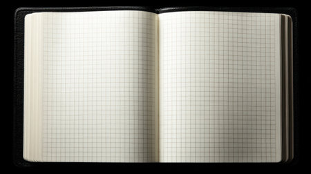 A blank open notebook with a grid pattern on the pages, set against a dark background. Perfect for writing, sketching, and organizing thoughts and ideas.の素材