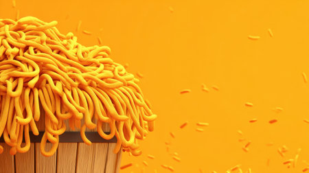 A whimsical view of a basket overflowing with vibrant orange noodles set against a cheerful yellow backdrop, perfect for food-related designs and playful concepts.の素材