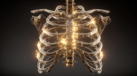 Artistic depiction of a rib cage featuring a transparent design with sparkling particles, ideal for educational materials, medical graphics, or creative projects related to human anatomy.の素材