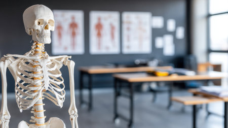 A realistic human skeleton model stands in a modern classroom, surrounded by anatomical charts, ideal for teaching and learning about anatomy and biology.の素材