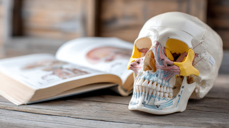 Anatomical skull model alongside an open anatomy book on a rustic wooden table. Perfect for educational use in anatomy studies, medical training, or classroom settings.の素材