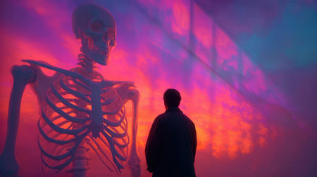 A captivating scene featuring a giant skeleton and a solitary figure, bathed in vibrant colors. This artwork invites reflection on the nature of existence and what lies beyond.の素材