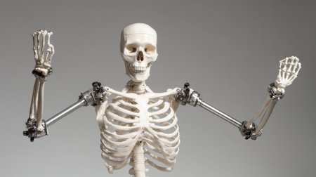High-quality human skeleton model ideal for teaching and demonstration in anatomy and biology classes, showcasing detailed bone structure and joint movement.の素材