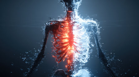 This striking image portrays a transparent human skeleton with a glowing spinal cord, merging elements of realism and digital artistry in a dark setting. A powerful depiction of anatomy.の素材