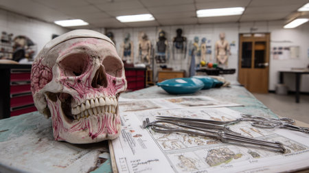 A detailed skull model lies on a table surrounded by surgical tools and anatomy materials in a vibrant classroom, representing an engaging learning environment for students.の素材