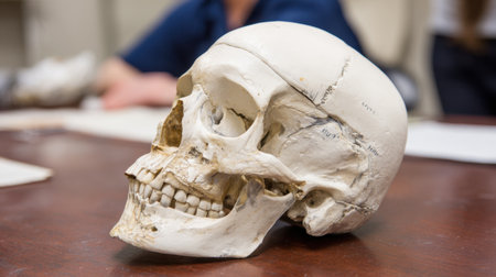 A detailed view of a human skull displayed on a wooden table in a laboratory setting featuring background figures and papers, perfect for educational and scientific visuals.の素材