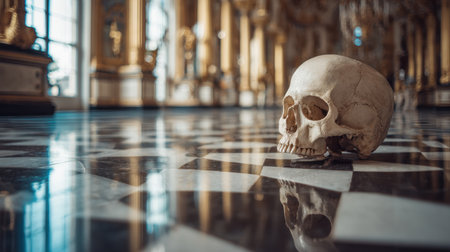 A captivating image of a skull positioned on a polished marble floor in a grand hall, showcasing a blend of elegance and an intriguing sense of mortality within exquisite architecture.の素材