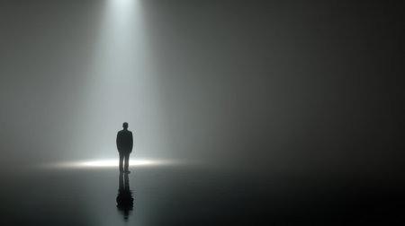 A solitary man stands in a minimalistic space illuminated by a single spotlight, evoking feelings of mystery and contemplation in a dramatic and abstract atmosphere.の素材