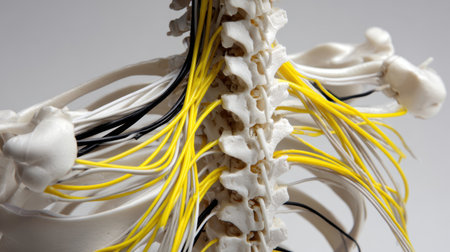 Intricate anatomical model of the human spine showcasing the vertebrae and nerve structures, ideal for educational and medical purposes, enriching understanding of human anatomy.の素材