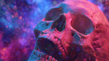 A striking abstract skull image bathed in cosmic colors, featuring vibrant glitter and a mystical aura, perfect for exploring themes of life, death, and artistic expression.の素材