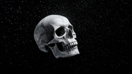 A striking skull floats in a dark space, surrounded by shimmering stars and dust, evoking feelings of mystery and contemplation about life and death in a captivating visual.の素材
