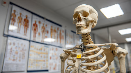 A realistic human skeleton model stands prominently in a classroom, surrounded by detailed educational charts on anatomy and physiology, ideal for learning and teaching.の素材