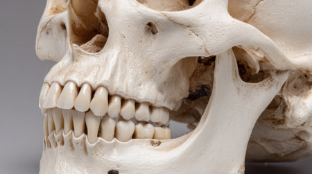 This close-up image of a human skull highlights details of the jaw and teeth, making it ideal for educational and medical presentations on anatomy.の素材