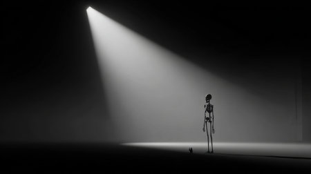 This striking image depicts a skeletal figure standing alone in a dimly lit environment, capturing feelings of isolation and contemplation amidst a foggy backdrop.の素材