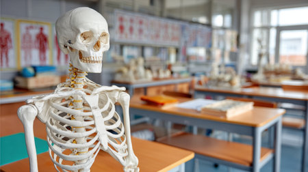 This image features a human skeleton model in a bright classroom, surrounded by educational materials and anatomical charts, ideal for teaching anatomy and biology topics.の素材
