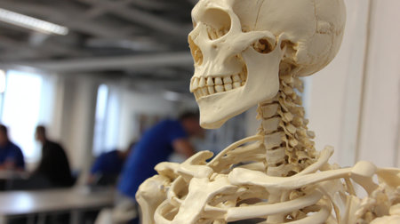 Detailed representation of a human skeleton model positioned in an educational space, ideal for teaching anatomy and supporting medical training in a classroom setting.の素材