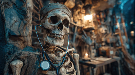 A unique skeleton wearing a stethoscope stands in a dimly lit space filled with eerie decorations, creating a haunting vibe perfect for Halloween themes and artistic medical concepts.の素材