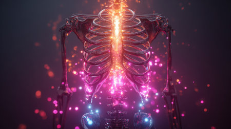 This captivating 3D illustration showcases a human skeleton infused with vibrant energy effects, offering a unique blend of anatomy and artistic expression for diverse applications.の素材
