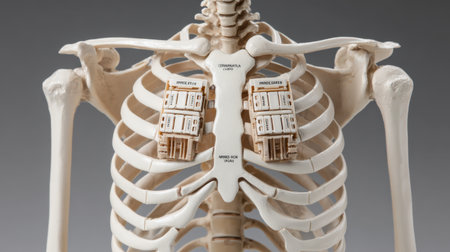 This detailed anatomical model showcases the thoracic skeleton, including the rib cage and internal organs, ideal for anatomy education and medical training.の素材