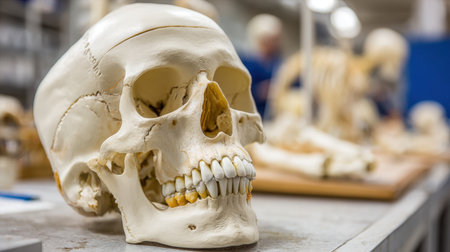 Detailed view of a realistic human skull model on a laboratory table, ideal for educational uses in anatomy studies and training sessions for students in medical and healthcare fields.の素材