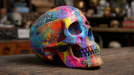 A stunning colorful skull art piece featuring intricate patterns and vivid hues, beautifully displayed in an artist's workshop setting, showcasing creativity and unique design.の素材