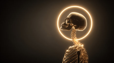 Stunning side profile of a human skeleton illuminated by a glowing halo effect, creating a striking visual contrast against a dark background. Perfect for artistic and conceptual projects.の素材