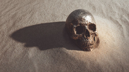 A striking bronze skull lies on soft sand, highlighting intricate textures and shadows. This image evokes deep philosophical themes, ideal for artistic and conceptual projects.の素材