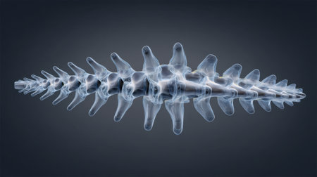 This image features a detailed and transparent depiction of a human spine, highlighting its unique structure against a contrasting dark backdrop. Perfect for educational and medical projects.の素材