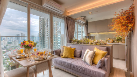 Bright and inviting living space showcases modern design with a stunning city view, elegant decor, and a charming breakfast table ideal for both relaxation and gatherings.の素材